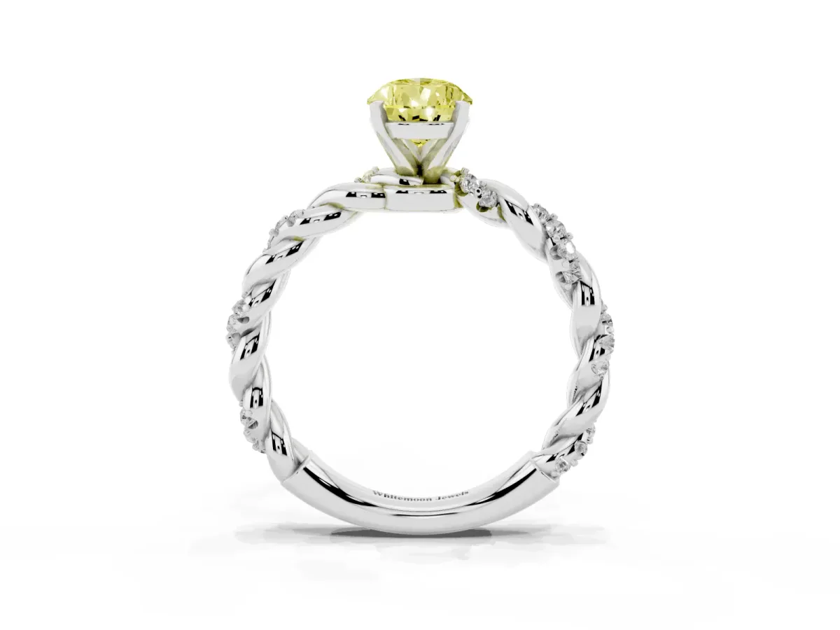 Fancy Yellow Pear Cut Diamond Solitaire Ring with Twisted Band and Pavé Accents Platinum