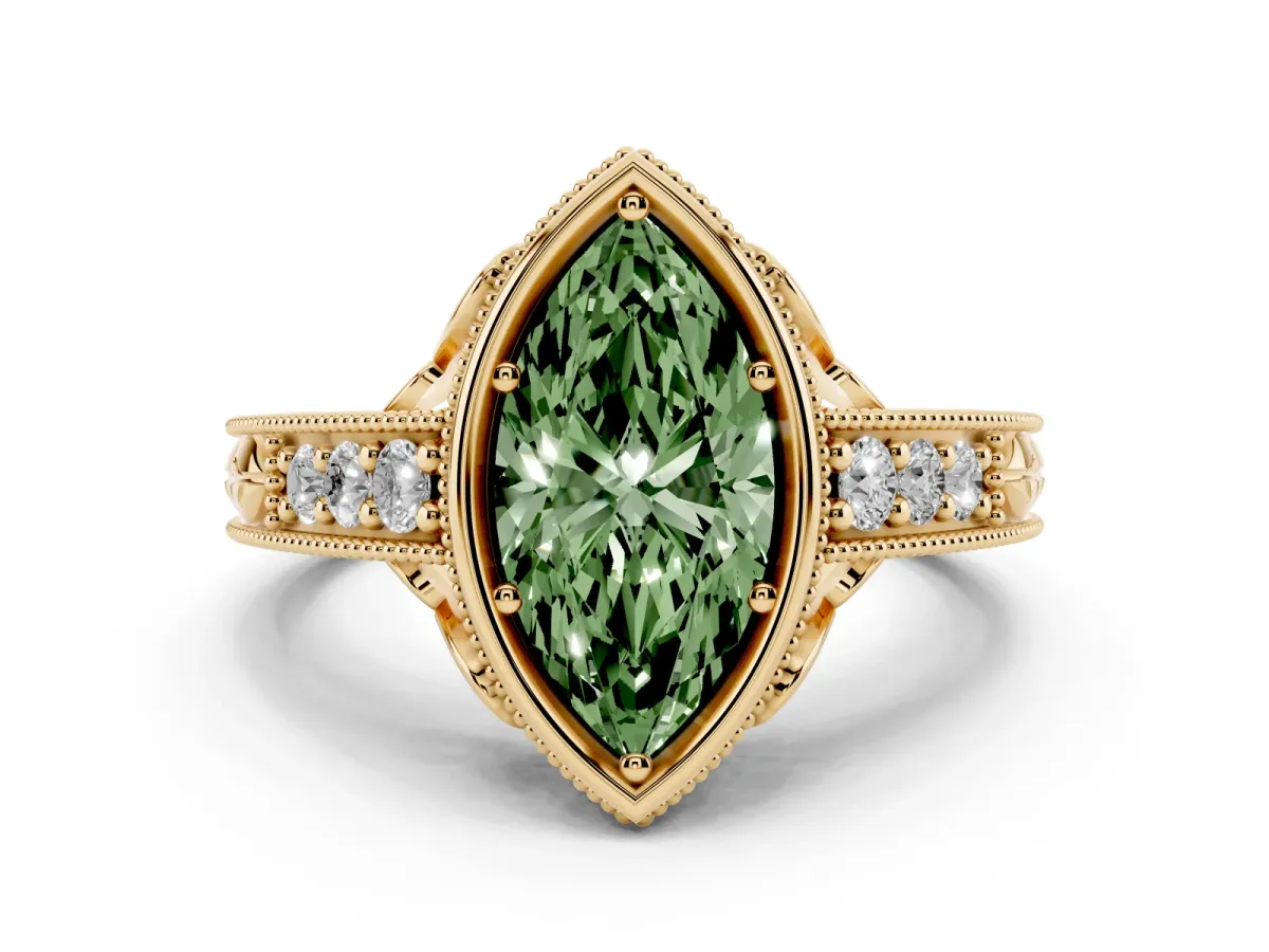Fancy Green Bezel Set Marquise Cut Diamond Milgrain Pave Engagement Ring Yellow gold