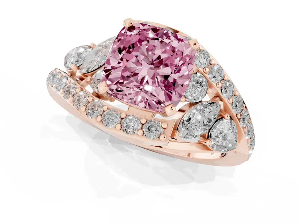 Fancy Pink Cushion Cut Diamond Halo Ring with Marquise and Pavé Band in Prong Setting Rose gold