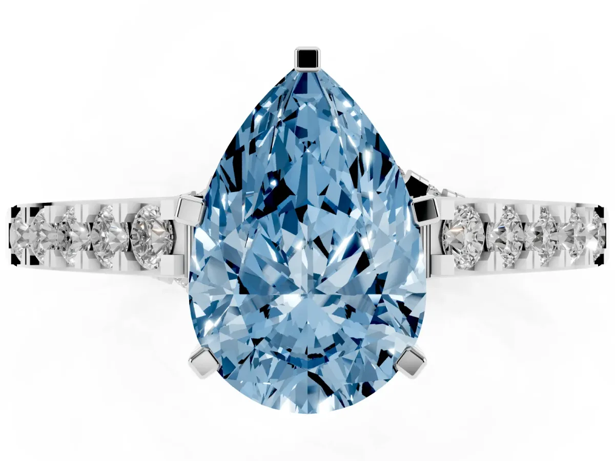 Fancy Blue Pear Cut Diamond Solitaire Ring with Crossover Gallery and Round Pavé Band Platinum