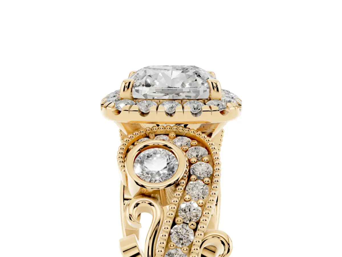 Cushion Cut Halo Diamond Ring with Milgrain and Bezel Accents on a Split Shank Band Yellow gold