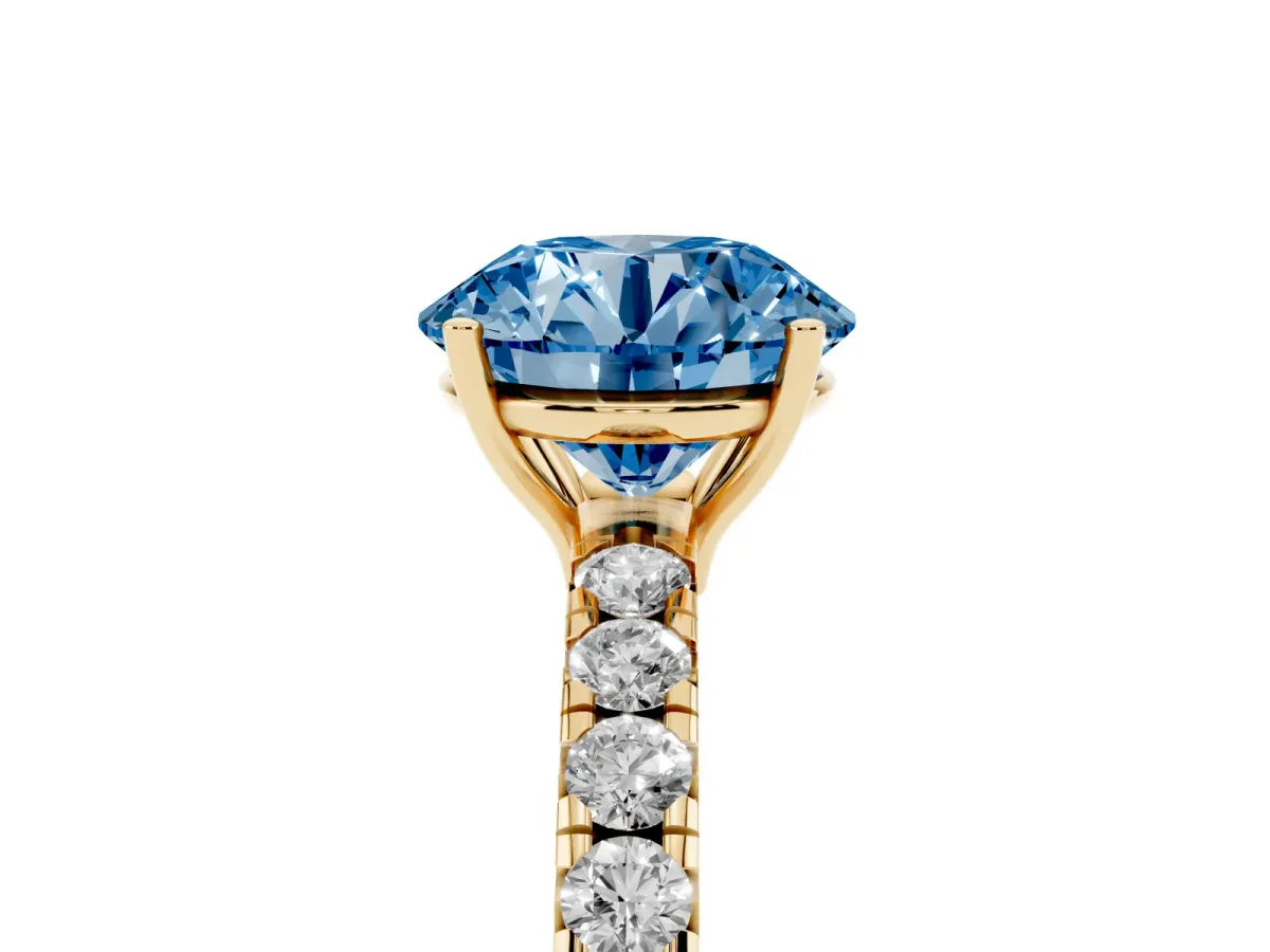 Fancy Blue Round Cut Diamond Pavé Solitaire Engagement Ring with Four-Prong Setting Yellow gold