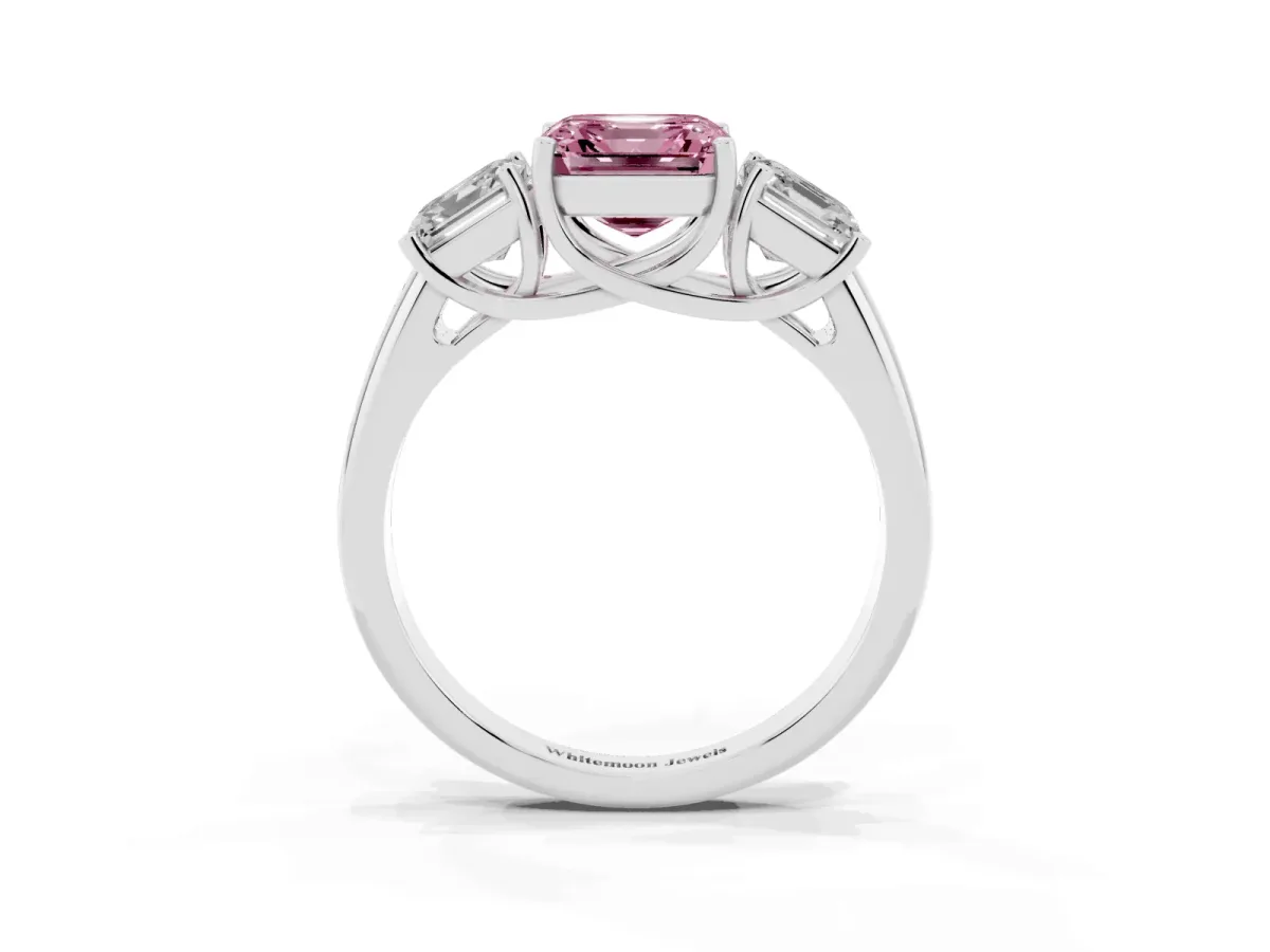 Fancy Pink Three-Stone Asscher Cut Diamond Engagement Ring with Prong Setting Silver