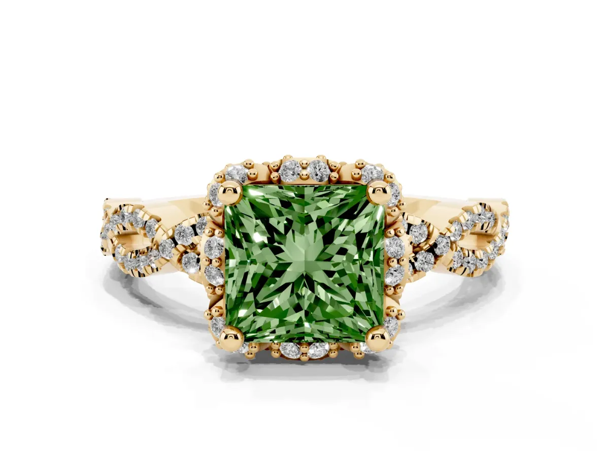 Fancy Green Princess Cut Halo Twist Band Solitaire Ring with Six-Prong Setting Yellow gold