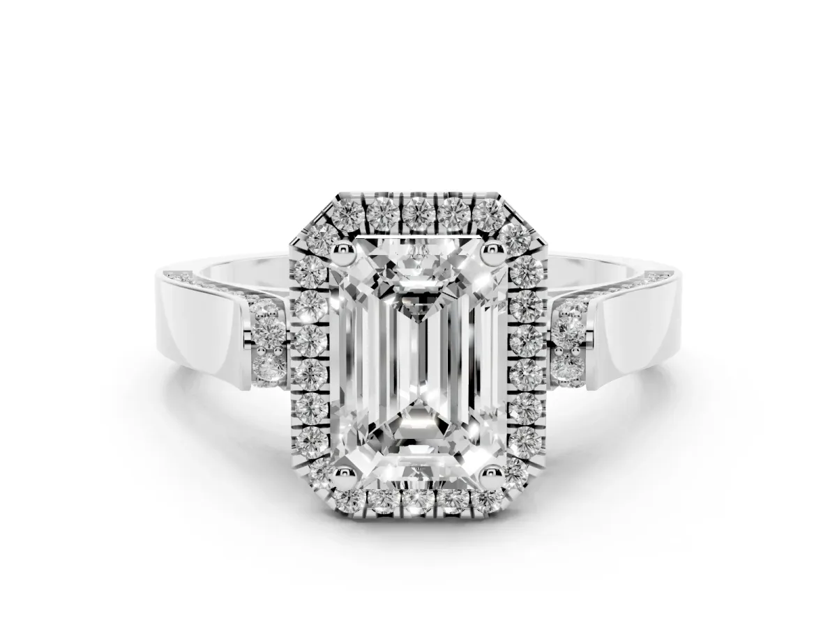 Emerald Cut Halo Round Diamond Twist Band with Four-Prong Setting Silver