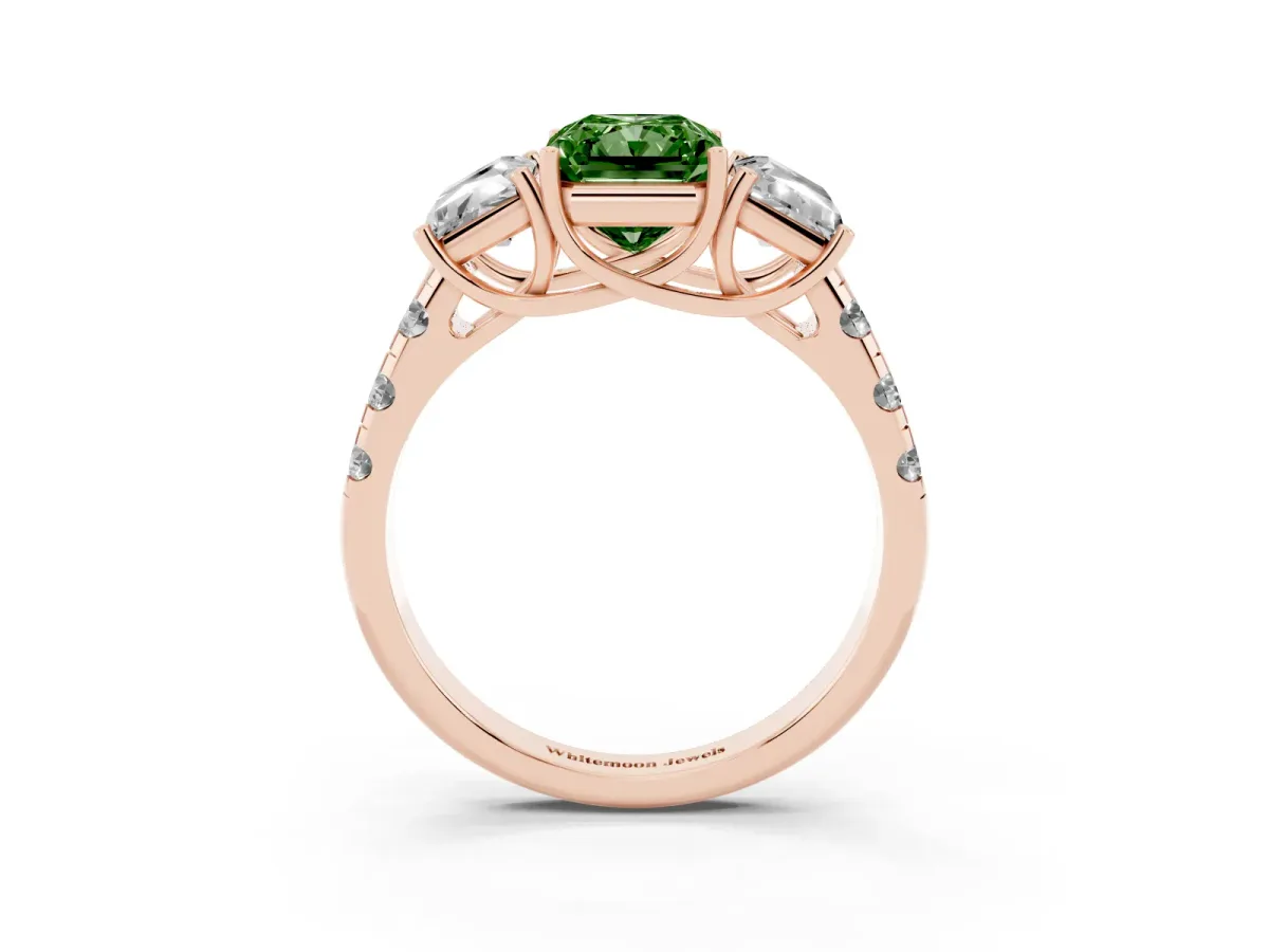 Fancy Green Three-Stone Radiant Cut Diamond Pavé Band with Prong Setting Rose gold