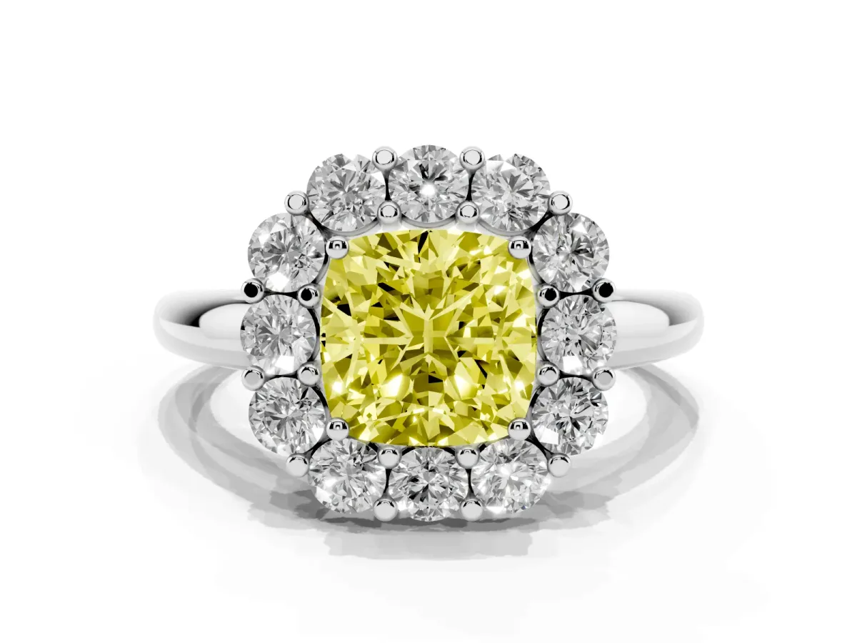 Fancy Yellow Cushion Cut Halo Cluster Diamond Engagement Ring with Prong Setting and Polished Band Silver
