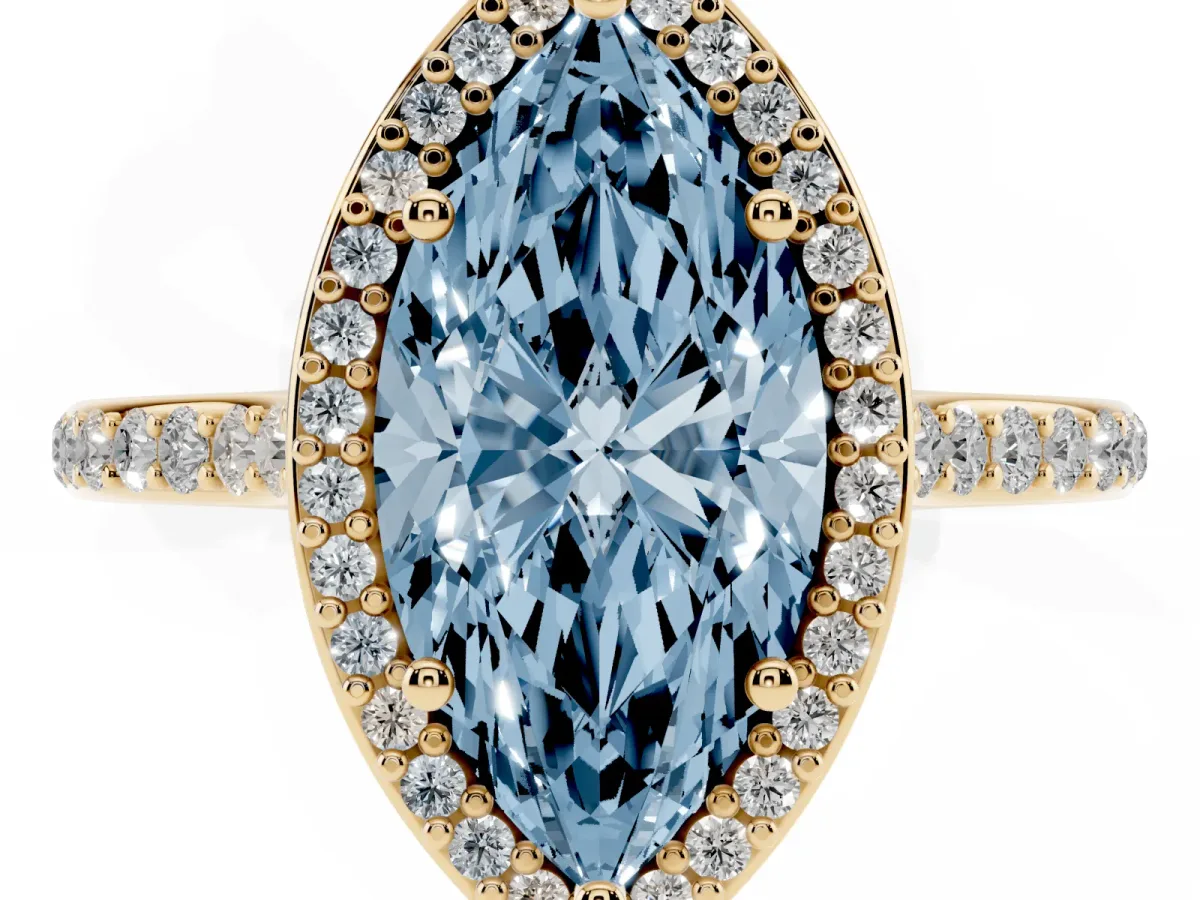 Fancy Blue Marquise Cut Diamond Halo Engagement Ring with Round Pavé Shoulders and Prong Setting Yellow gold