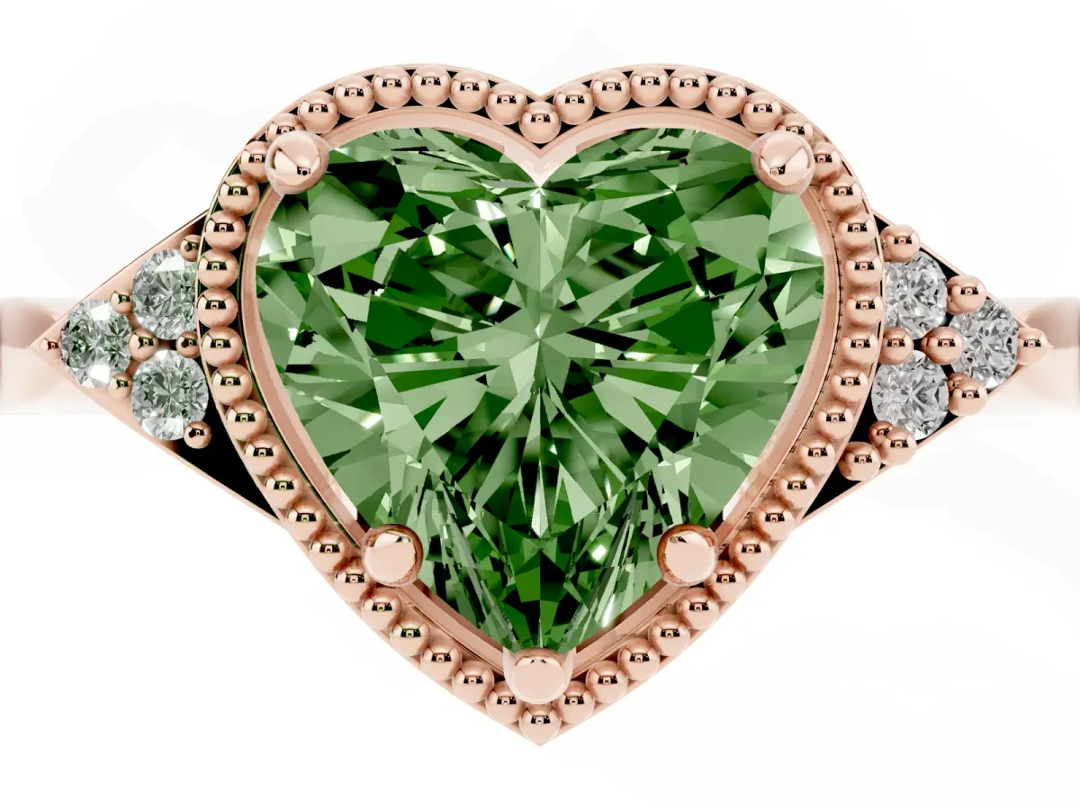 Fancy Green Heart Cut Diamond Halo Ring with Tapered Band and Four-Prong Setting Rose gold