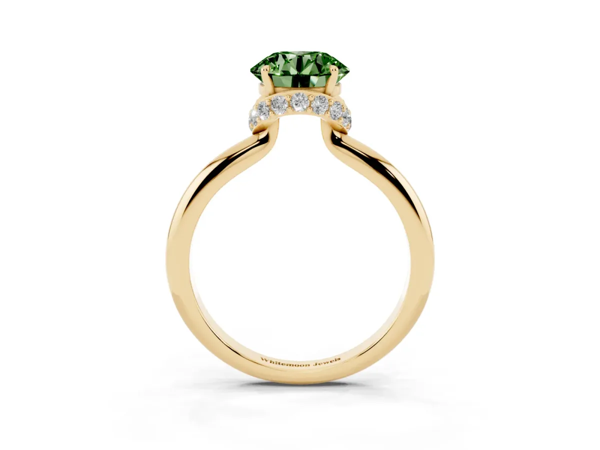 Fancy Green Round Cut Brilliant Solitaire Engagement Ring with Six-Prong Setting and Classic Band Yellow gold