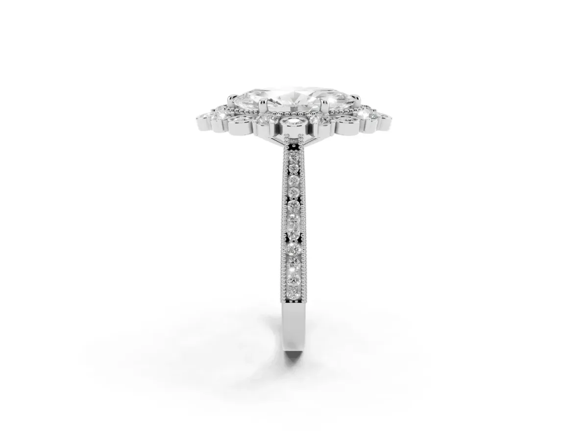 Marquise Cut Halo Milgrain Pave Diamond Ring with Four-Prong Setting Silver