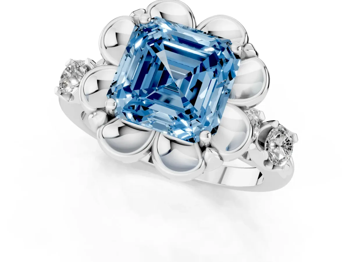 Fancy Blue Asscher Cut Cut Diamond Floral Halo Engagement Ring with Shared Prong Setting Silver
