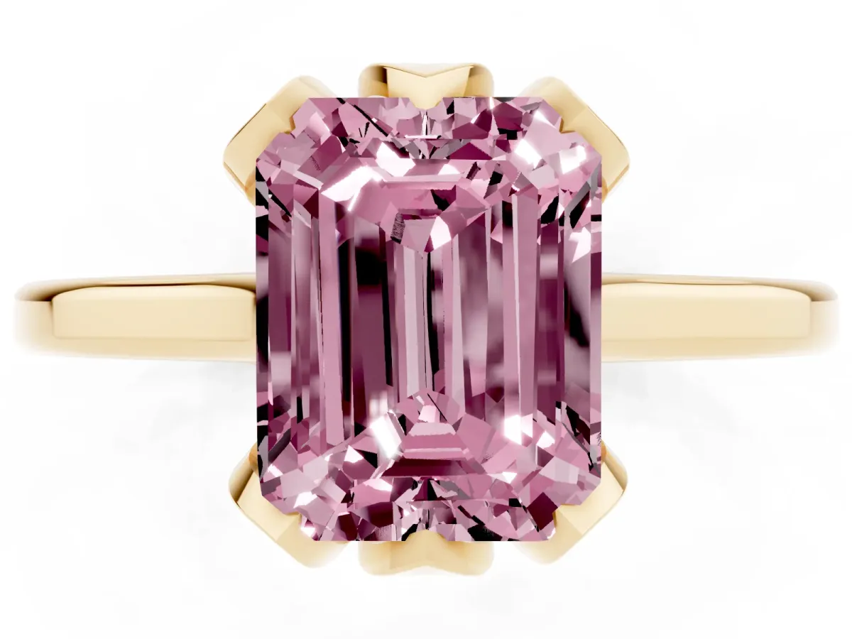 Fancy Pink Emerald Cut Diamond Solitaire Ring with Flower Prong Setting and Classic Band Yellow gold