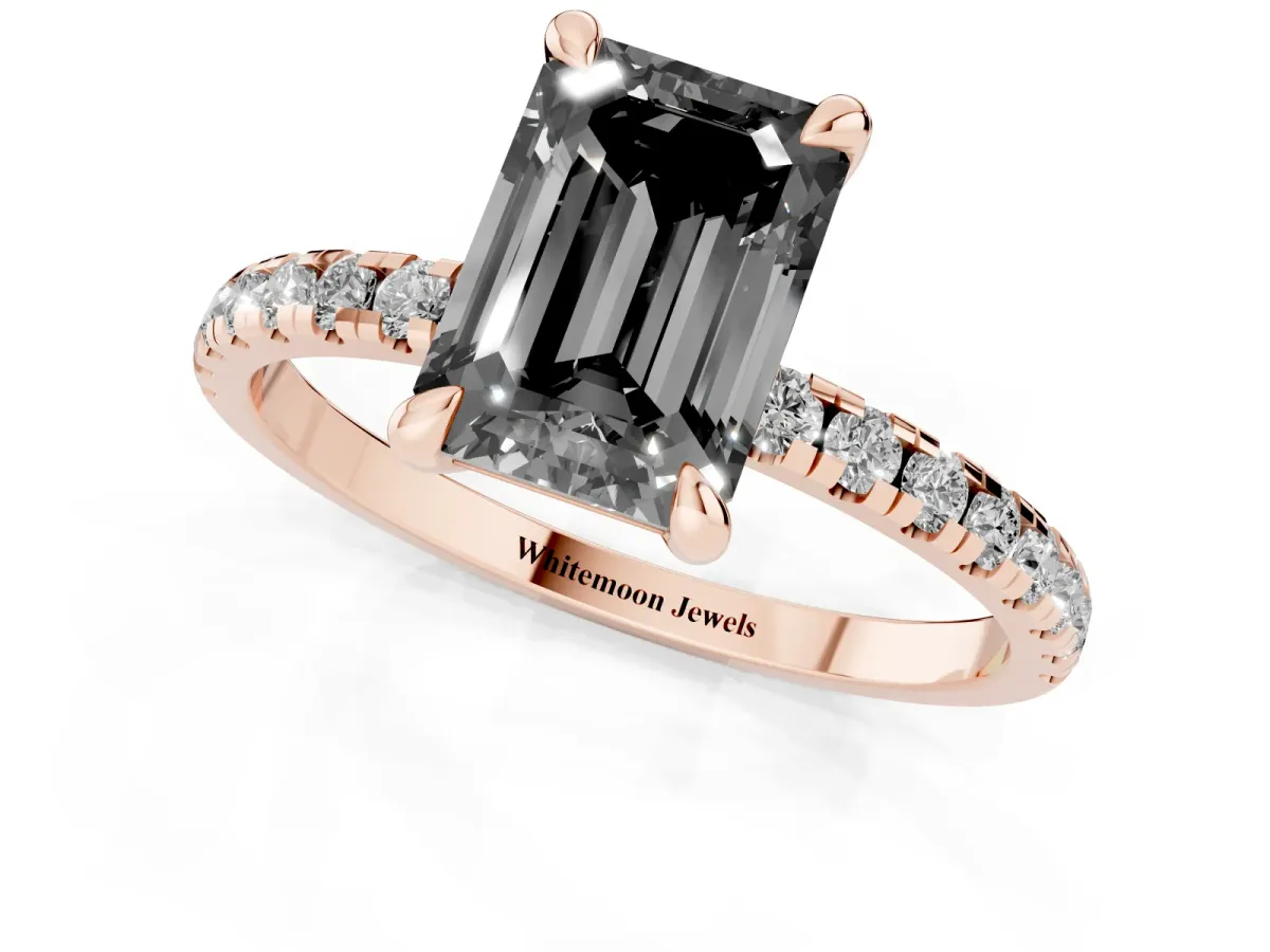 Fancy Black Emerald Cut Diamond Brilliant Solitaire Ring with Pavé Band and Four-Prong Setting Rose gold