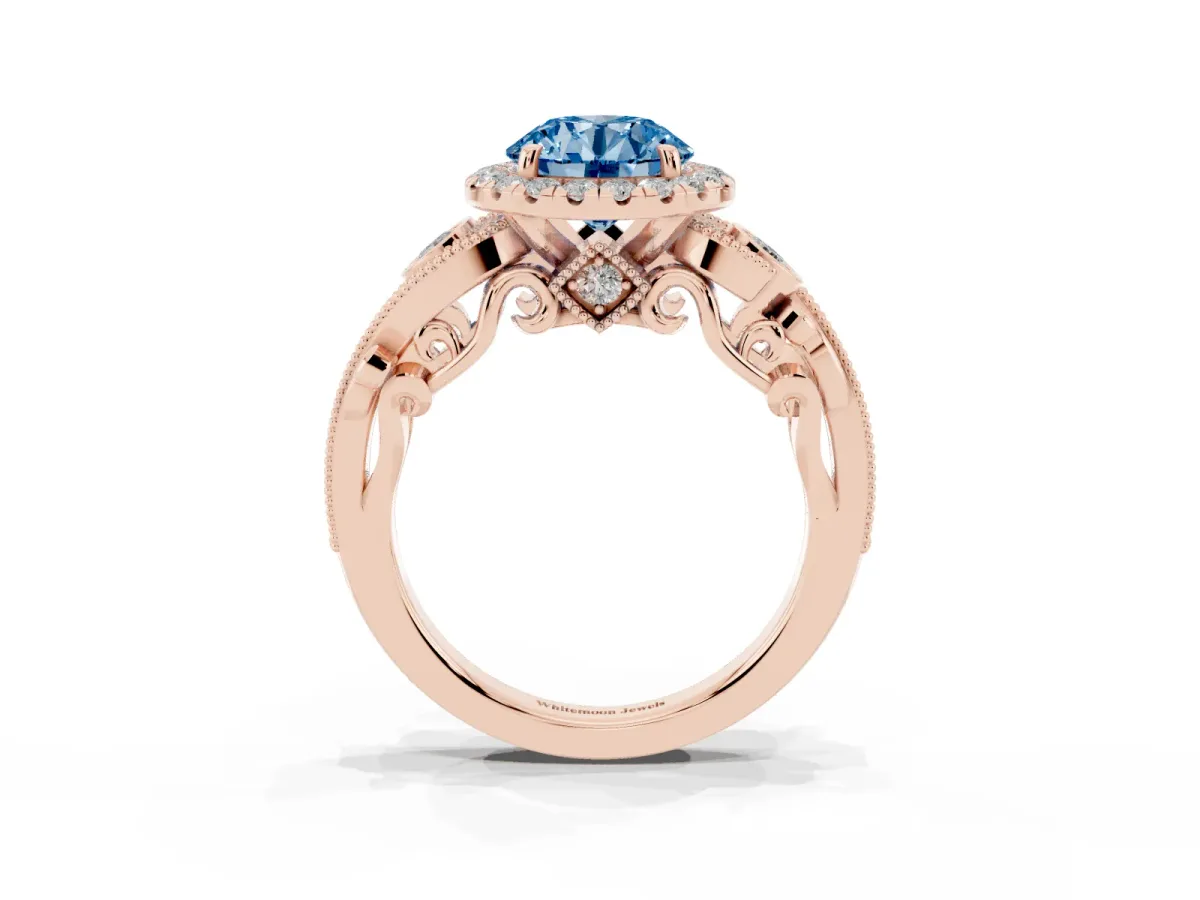 Fancy Blue Round Cut Diamond Halo Ring with Milgrain Pavé Band and Four-Prong Setting Rose gold