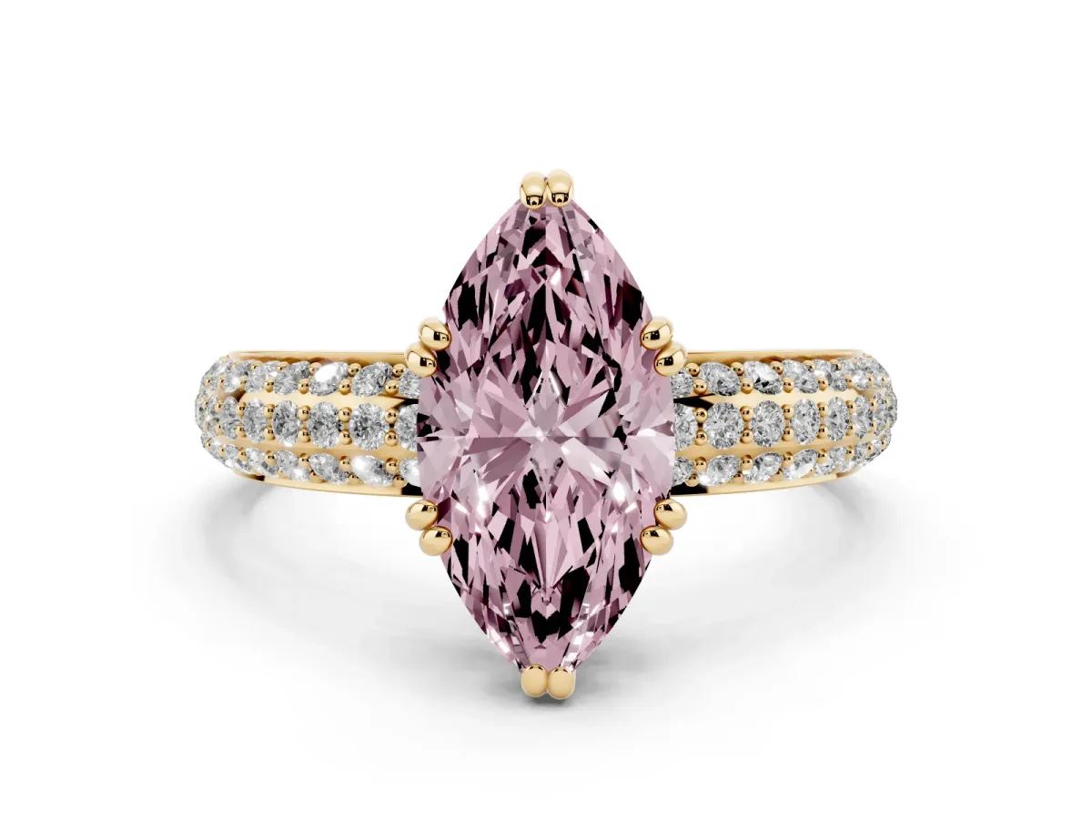 Fancy Pink Marquise Cut Diamond Solitaire Ring with Multi-Row Round Pavé Band and Prong Setting Yellow gold
