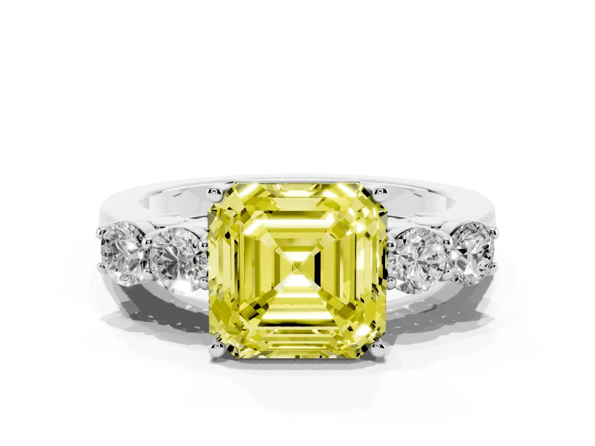 Fancy Yellow Asscher Cut Cut Diamond Five-Stone Prong Set White Gold Ring Platinum