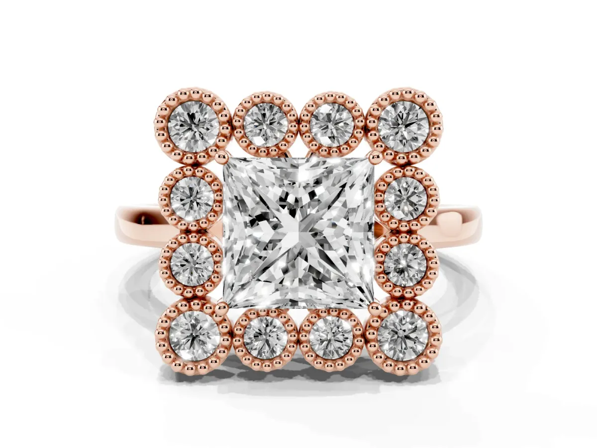 Princess Cut Halo Diamond Cluster Engagement Ring with Milgrain Bezel Setting and Solitaire Band Rose gold