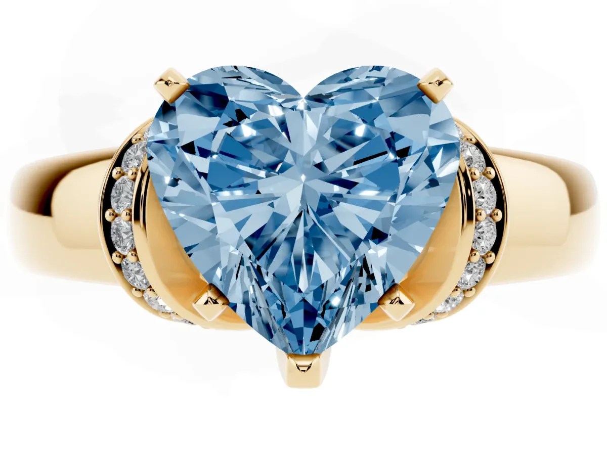 Fancy Blue Heart Cut Solitaire Diamond Ring with Pave Band and Six-Prong Setting Yellow gold