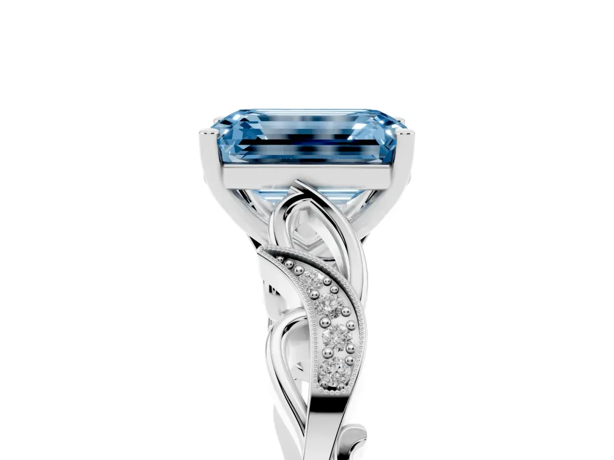 Fancy Blue Emerald Cut Solitaire Vine Band with Milgrain Prong Setting Platinum