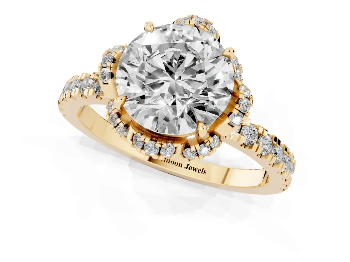 Round Cut Halo Diamond Pave Band Ring with Four-Prong Setting Yellow gold