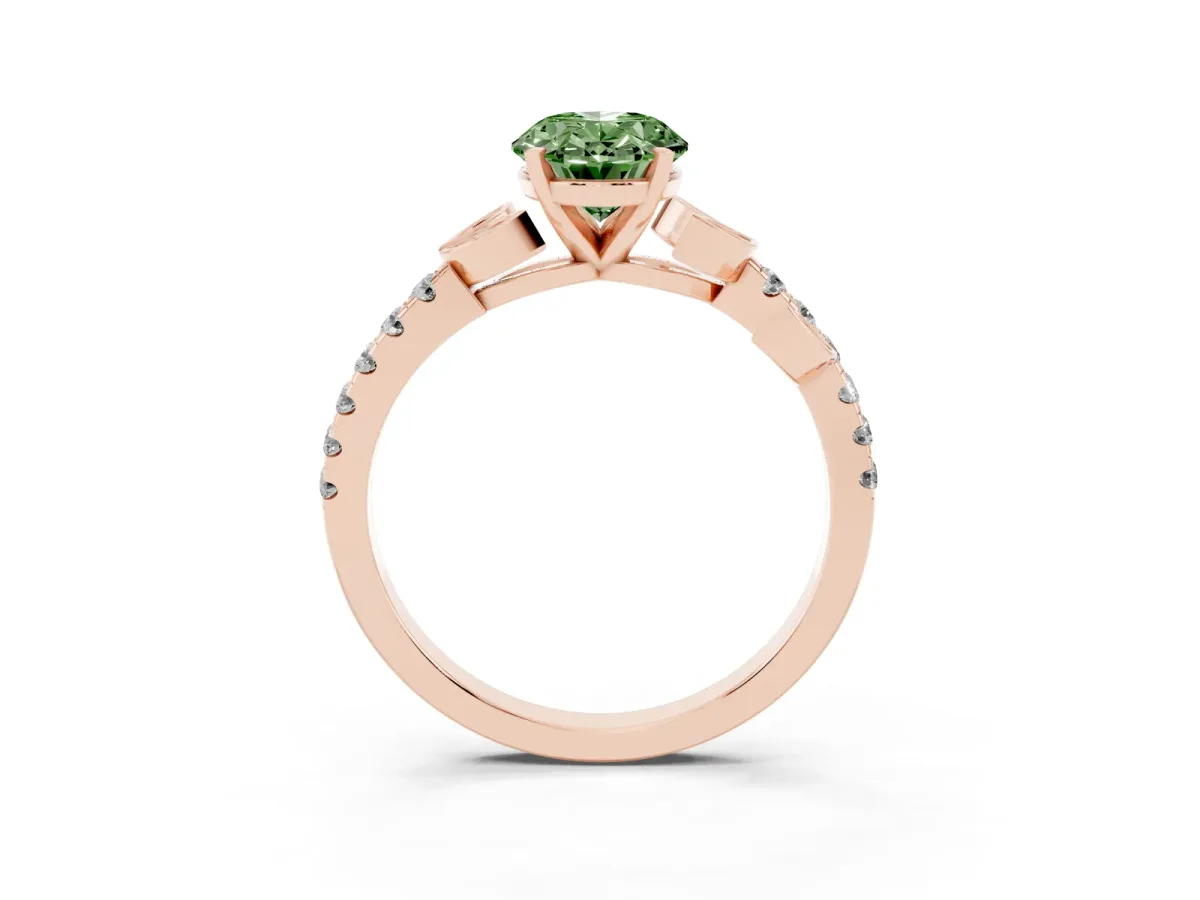Fancy Green Oval Cut Solitaire Leaf-Inspired Diamond Ring with Pavé Band and Four-Prong Setting Rose gold