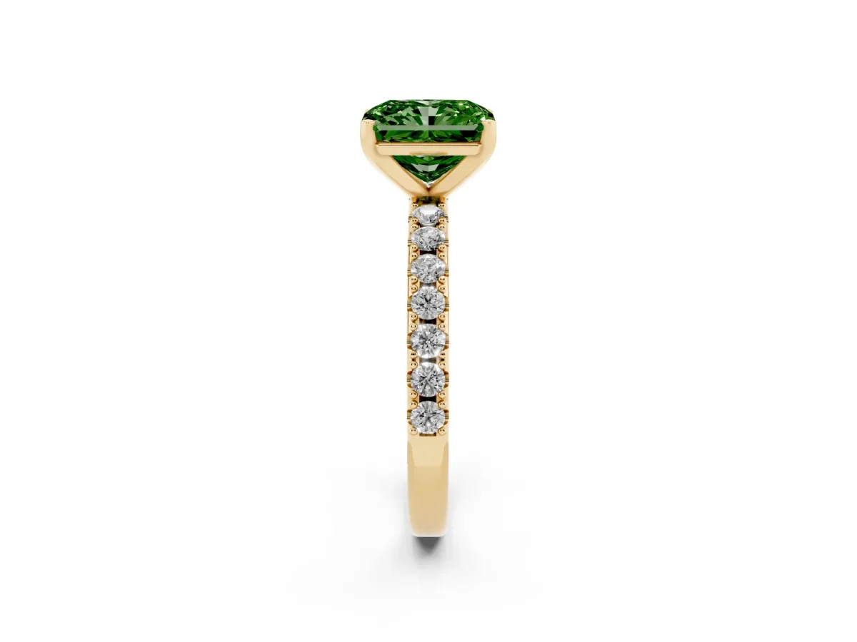 Fancy Green Radiant Cut Diamond Solitaire Pavé Band with Four-Prong Setting Yellow gold