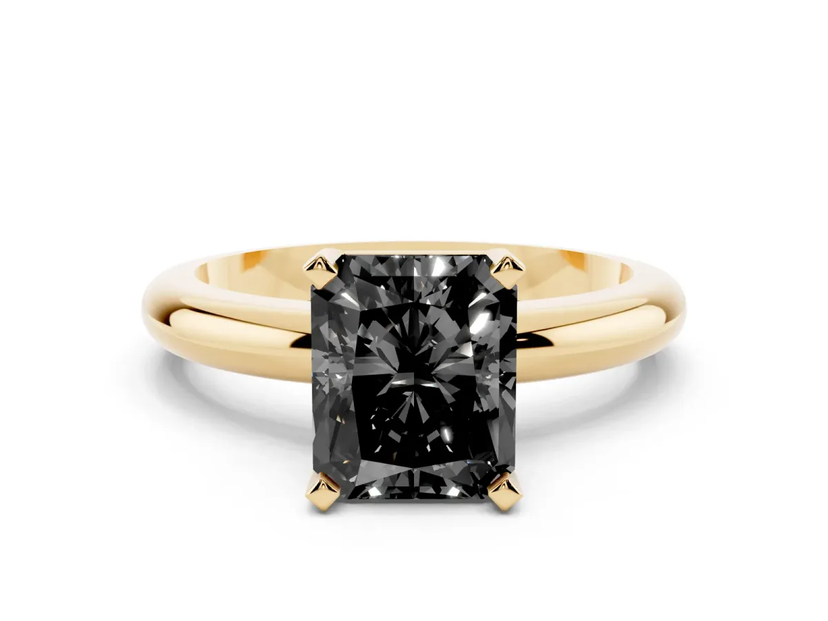 Fancy Black Radiant Cut Diamond Solitaire Engagement Ring with Round Band and Four-Prong Setting Yellow gold