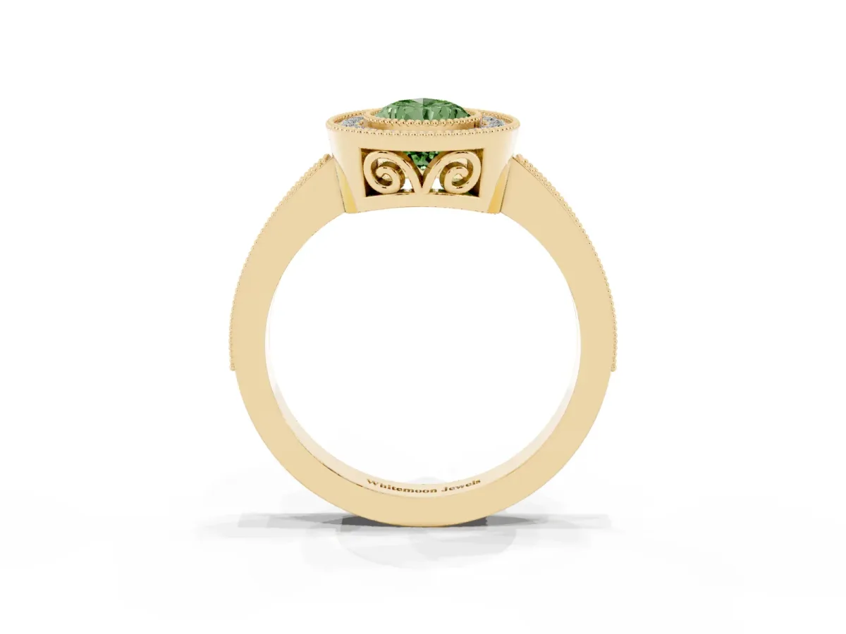Fancy Green Pear Cut Cut Halo Diamond Ring with Pavé Band and Milgrain Prong Setting Yellow gold