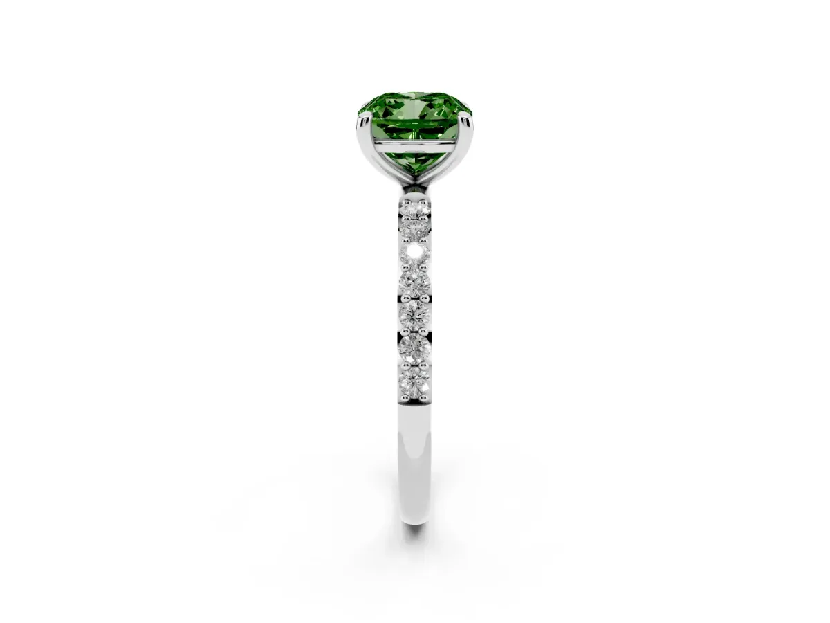 Fancy Green Cushion Cut Diamond Solitaire Ring with Round Pavé Band and Prong Setting Silver