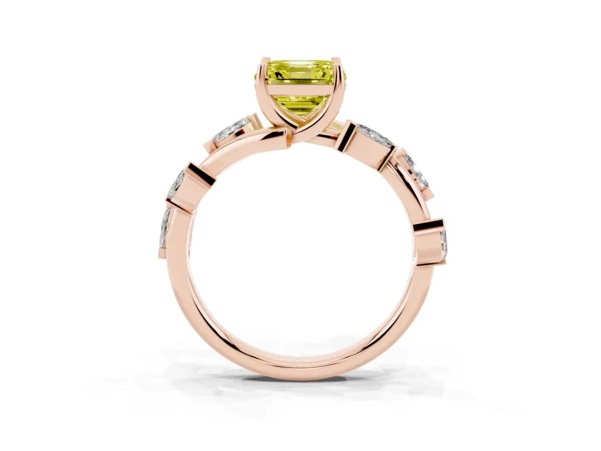 Fancy Yellow Asscher Cut Solitaire Twisted Band Marquise Accent Prong Setting Ring Rose gold