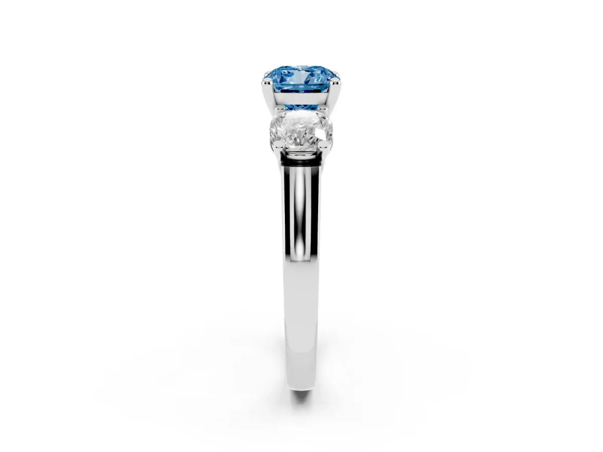 Fancy Blue Three-Stone Cushion Cut Brilliant Diamond Trellis Ring with Comfort Fit Band Platinum