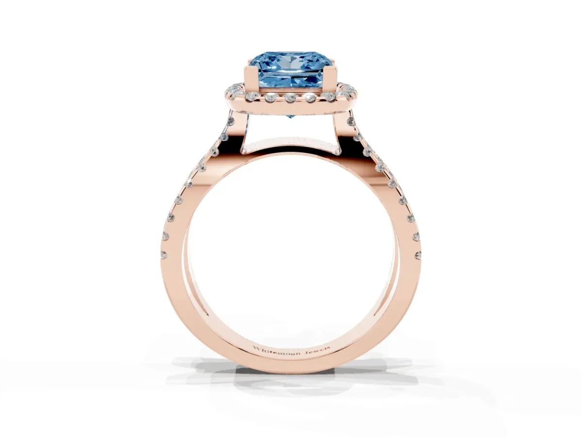 Fancy Blue Princess Cut Diamond Halo Ring with Split Shank Pavé Band and Prong Setting Rose gold