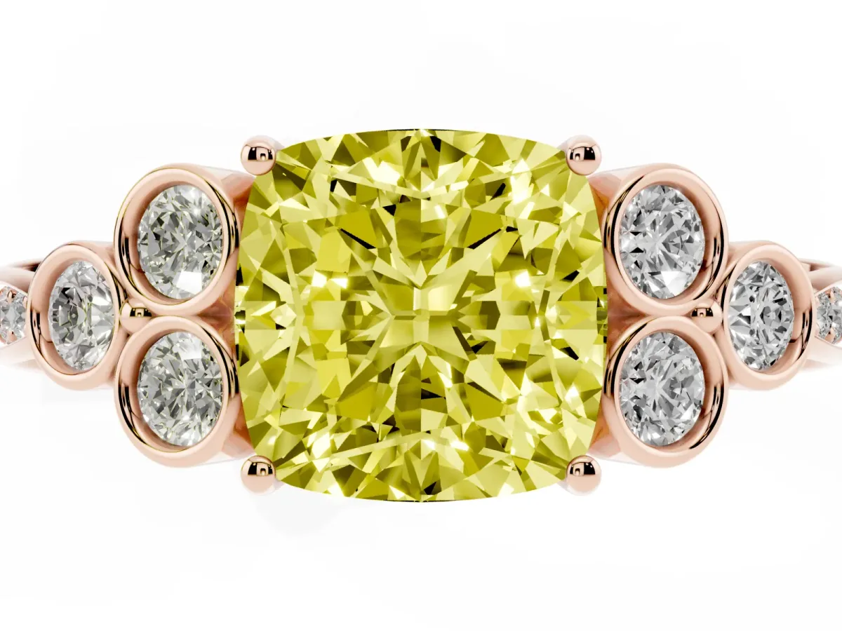 Fancy Yellow Cushion Cut Cut Diamond Engagement Ring with Bezel Set Round Side Stones and Prong Setting Rose gold