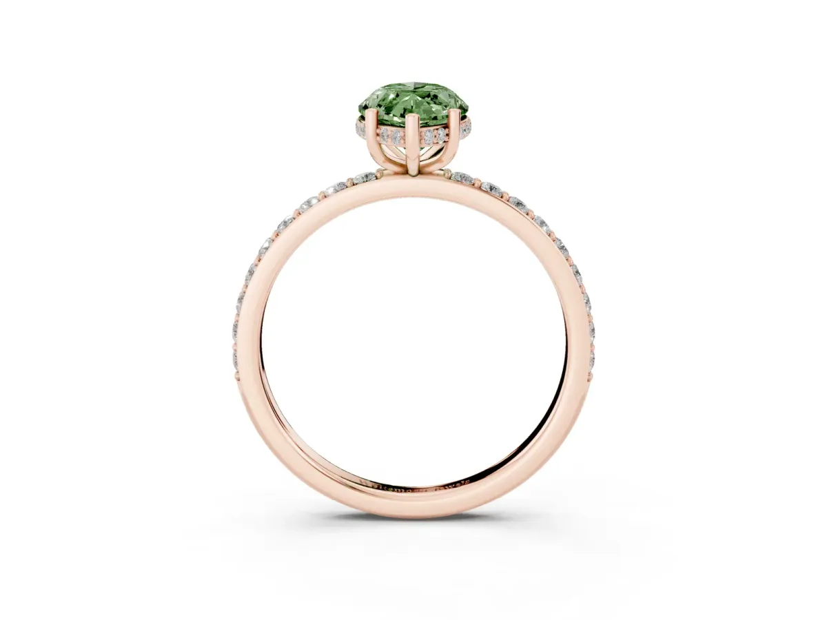Fancy Green Marquise Cut Diamond Solitaire Ring with Pavé Band and Hidden Halo Rose gold