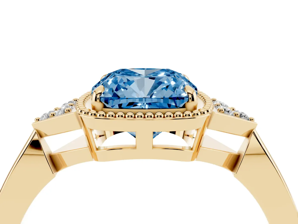 Fancy Blue Cushion Cut Diamond Halo Ring with Tapered Band and Four-Prong Setting Yellow gold