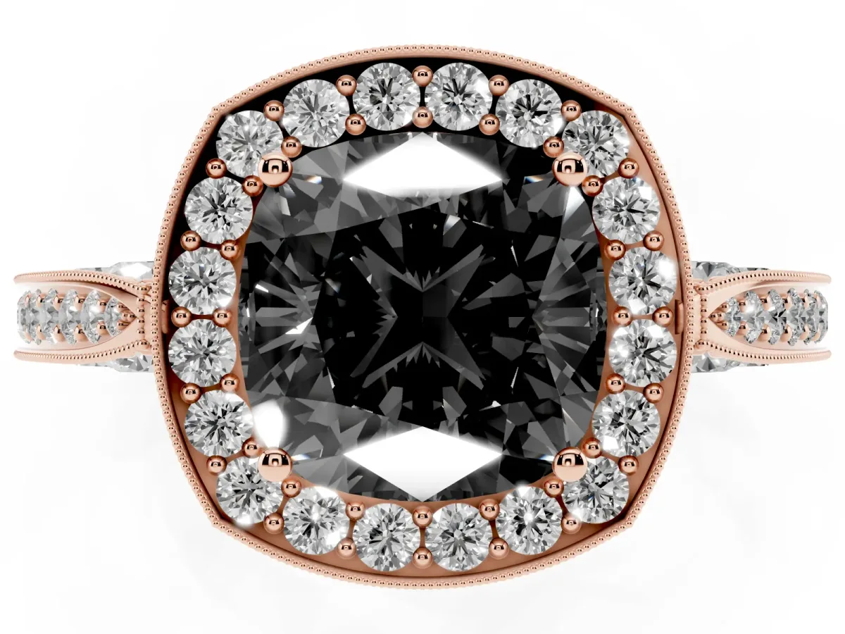 Fancy Black Cushion Cut Halo Diamond Engagement Ring with Split Shank Band and Four-Prong Setting Rose gold