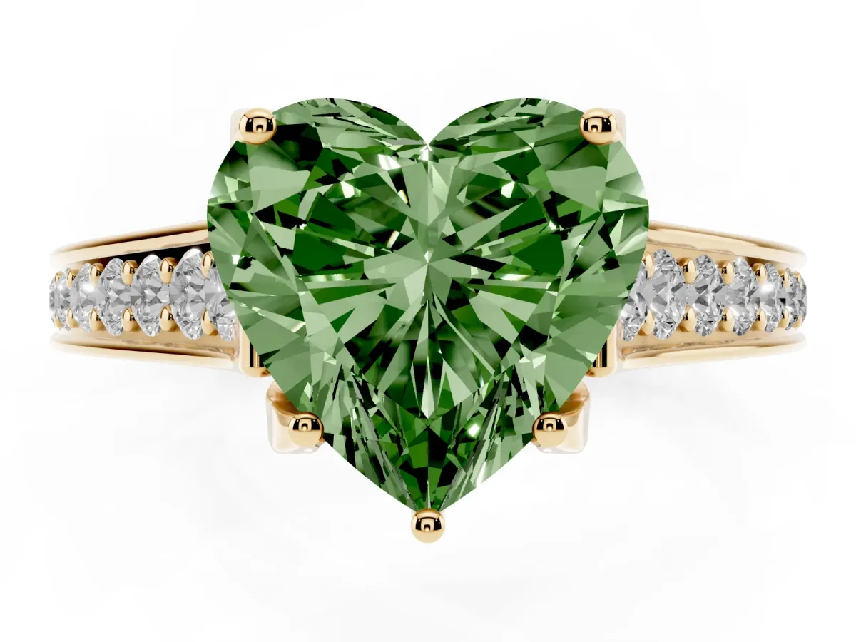 Fancy Green Heart Cut Brilliant Cut Diamond Engagement Ring with Pavé Band and Four-Prong Setting Yellow gold