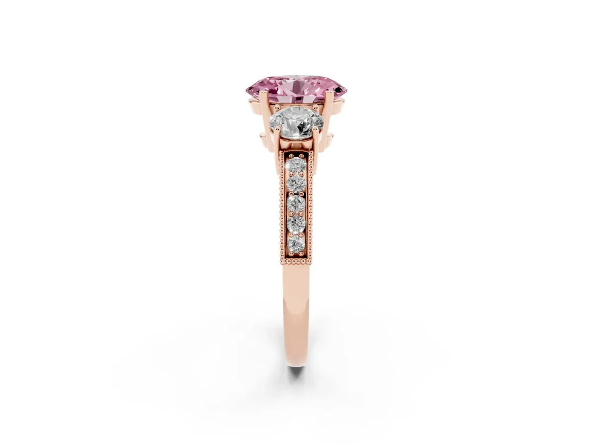 Fancy Pink Oval Cut Three-Stone Diamond Ring with Pavé Band and Four-Prong Setting Rose gold