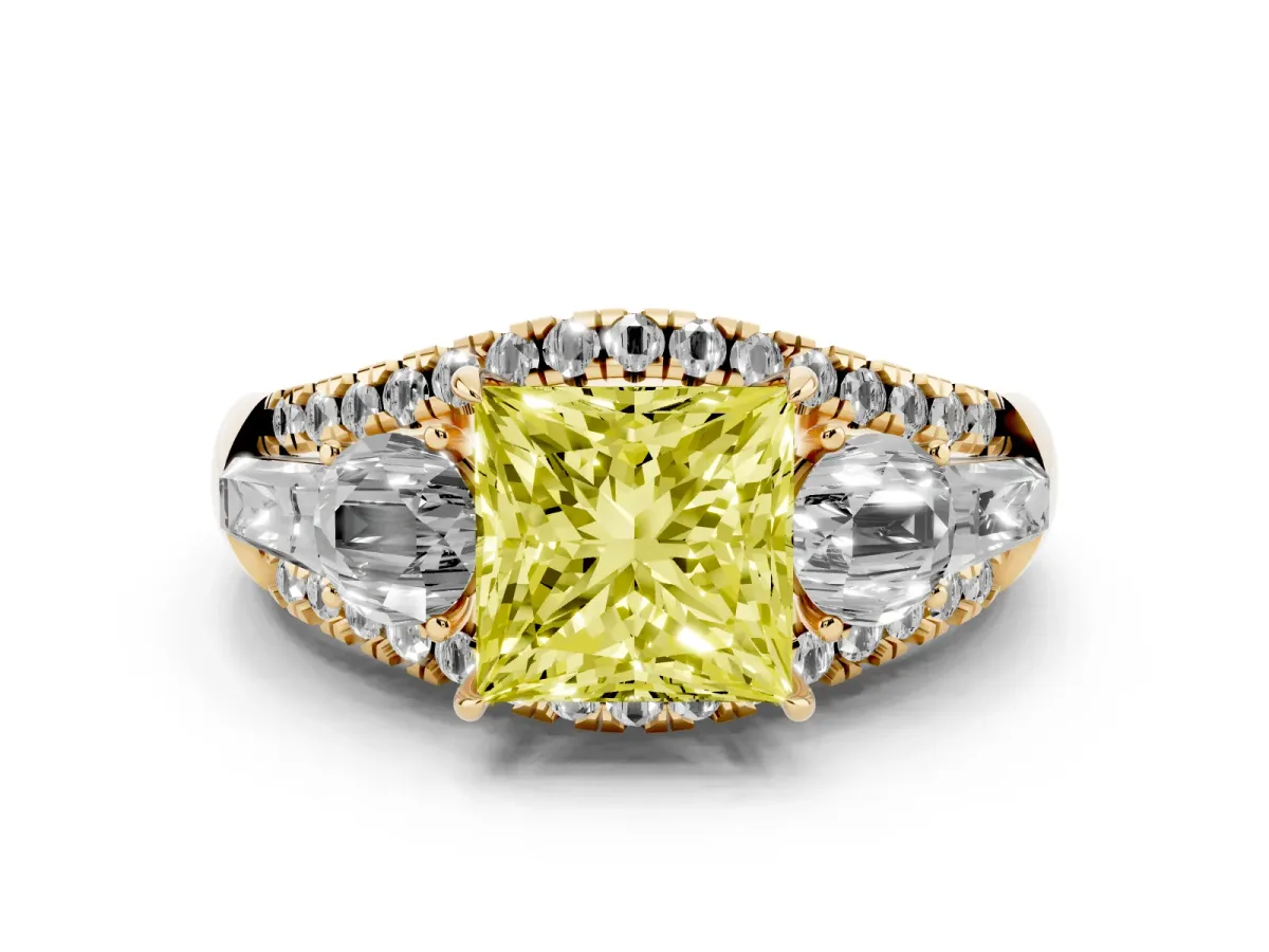 Fancy Yellow Three-Stone Princess Cut Diamond Engagement Ring with Pave Band and Prong Setting Yellow gold