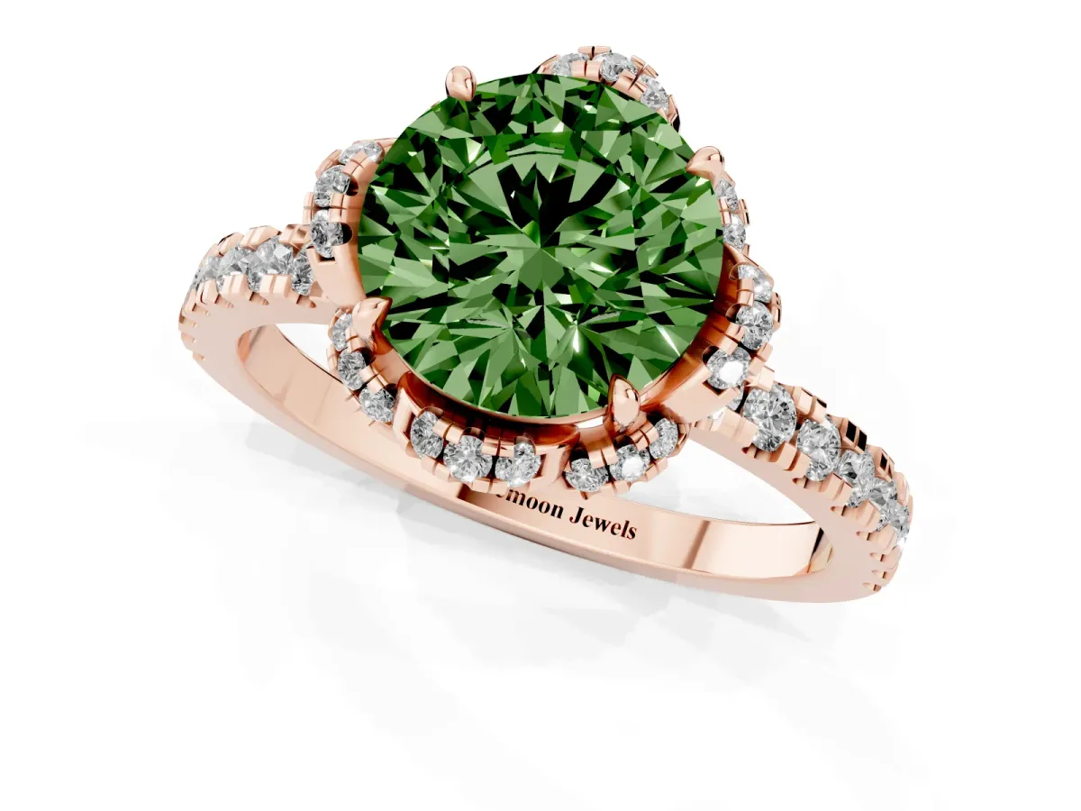 Fancy Green Round Cut Diamond Halo Pave Band with Four-Prong Setting Rose gold