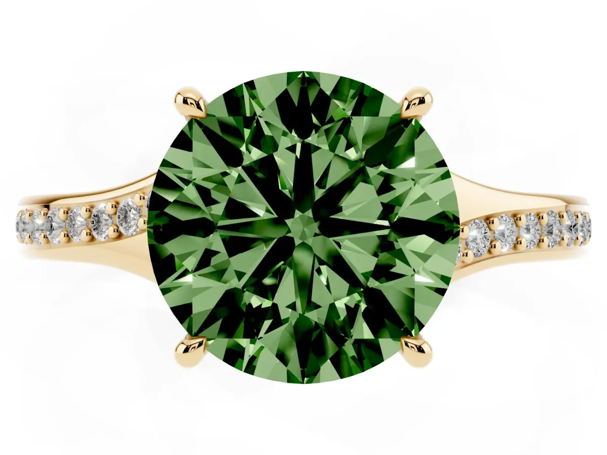 Fancy Green Round Cut Diamond Solitaire Ring with Pavé Band and Prong Setting Yellow gold