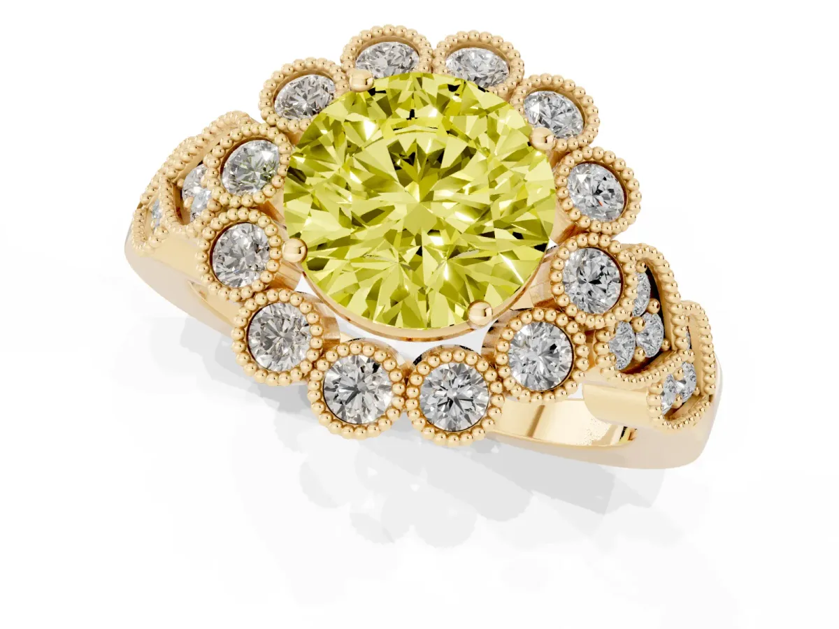 Fancy Yellow Round Cut Brilliant Milgrain Pave Heart Band Solitaire Ring Yellow gold