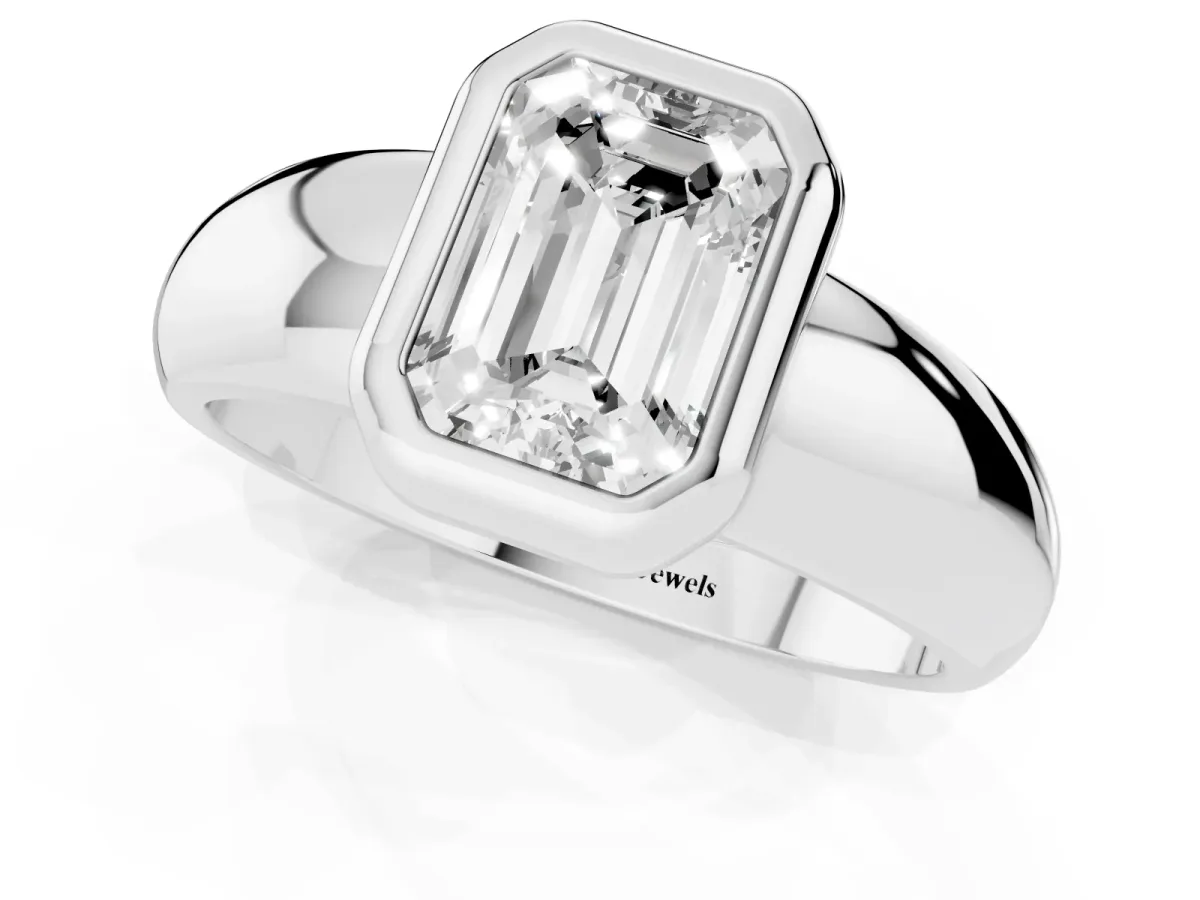Bezel Set Emerald Cut Solitaire Ring with Wide Band Silver