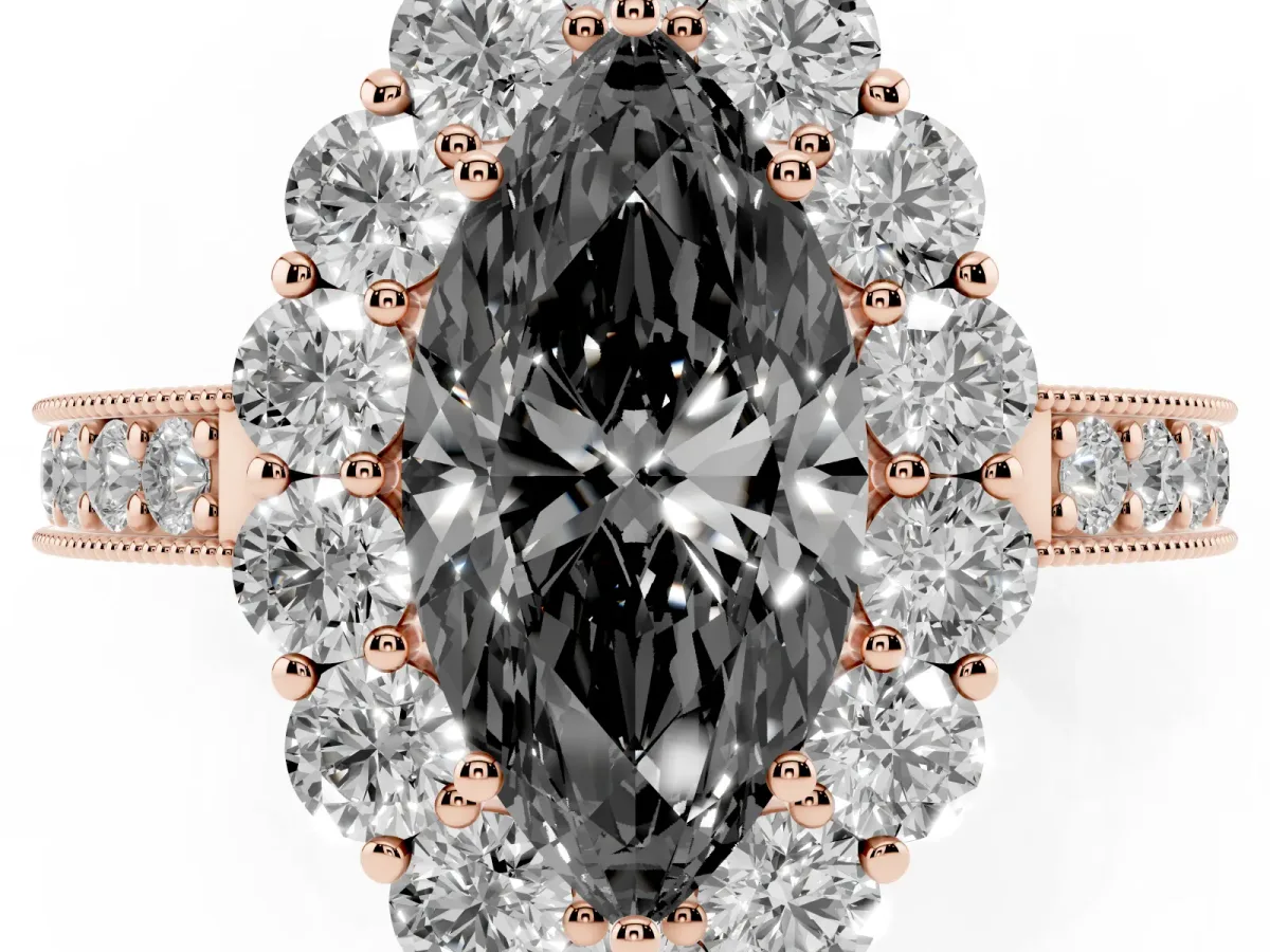 Fancy Black Marquise Cut Cut Halo Diamond Pavé Engagement Ring with Milgrain Detailing Rose gold