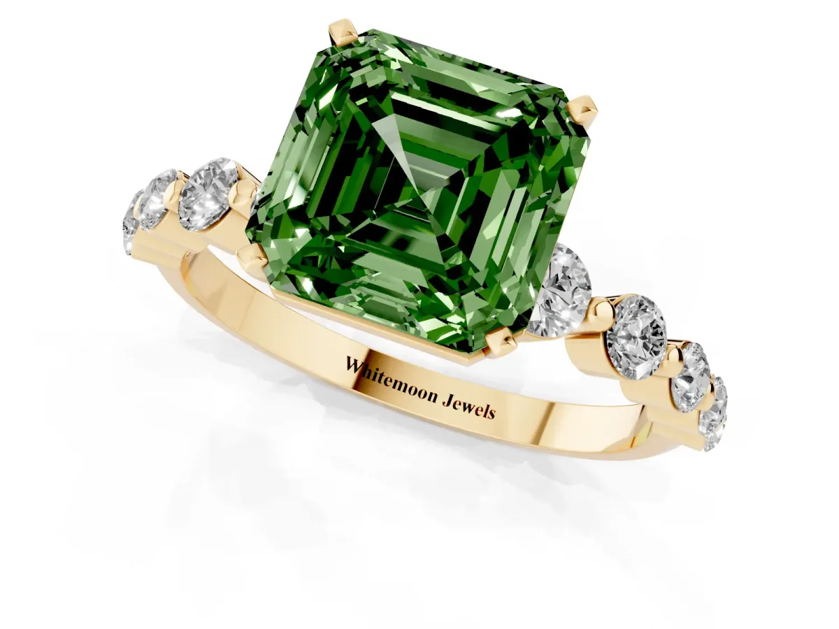 Fancy Green Asscher Cut Solitaire Diamond Ring with Pave Band and Four-Prong Setting Yellow gold