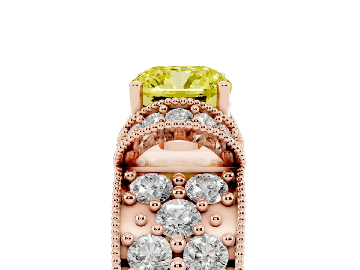 Fancy Yellow Cushion Cut Halo Pave Diamond Engagement Ring with Milgrain Detailing Rose gold