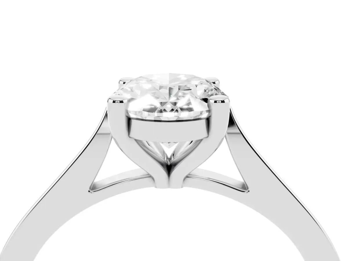 Oval Cut Solitaire Diamond Ring with Four-Prong Setting and Tapered Band Silver
