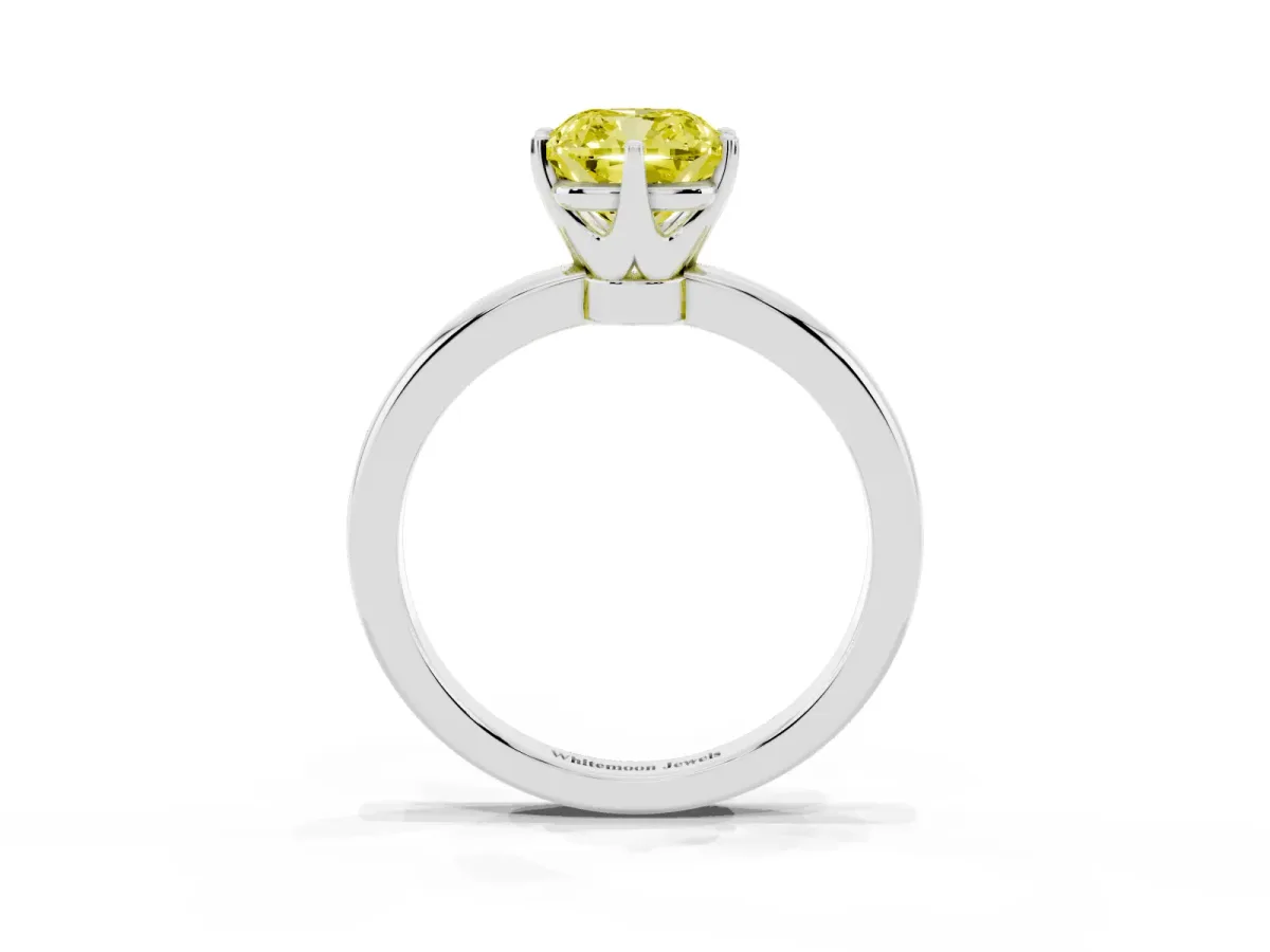 Fancy Yellow Cushion Cut Solitaire Diamond Ring with Six-Prong Setting on a Classic Band Silver