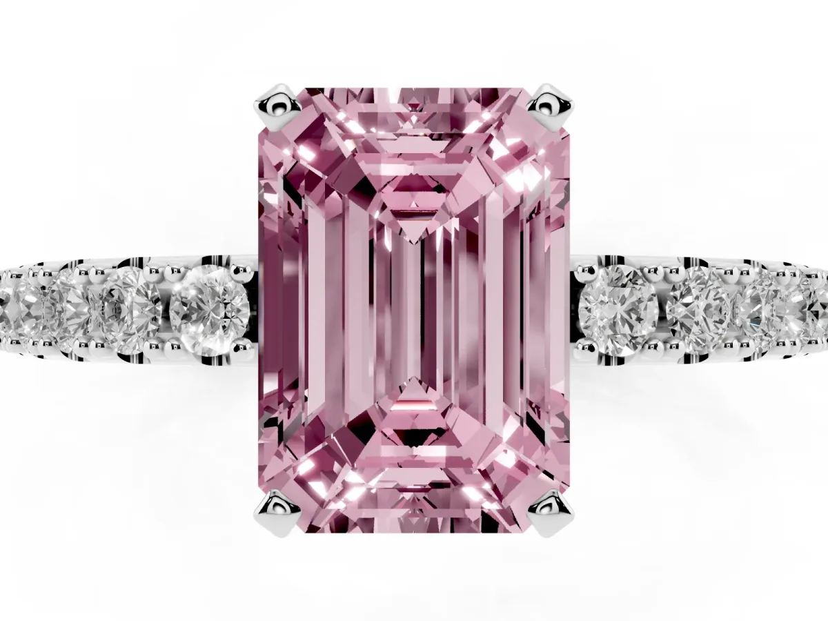 Fancy Pink Emerald Cut Diamond Solitaire Pavé Band with Four-Prong Setting Platinum